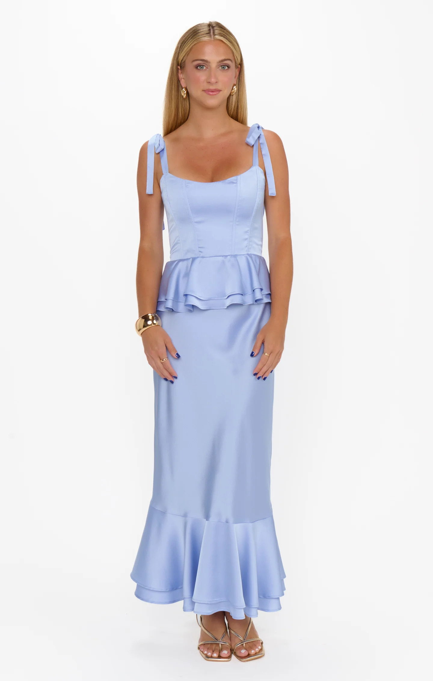 Pauline Peplum Dress ~ Borrowed Blue Luxe Satin | Show Me Your Mumu