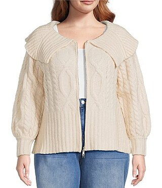 Sugarlips Plus Size Mitchell Cable Knit Rib Collar Long Sleeve Drop Shoulder Zip Up Cropped Sweater - 1X | Dillard's