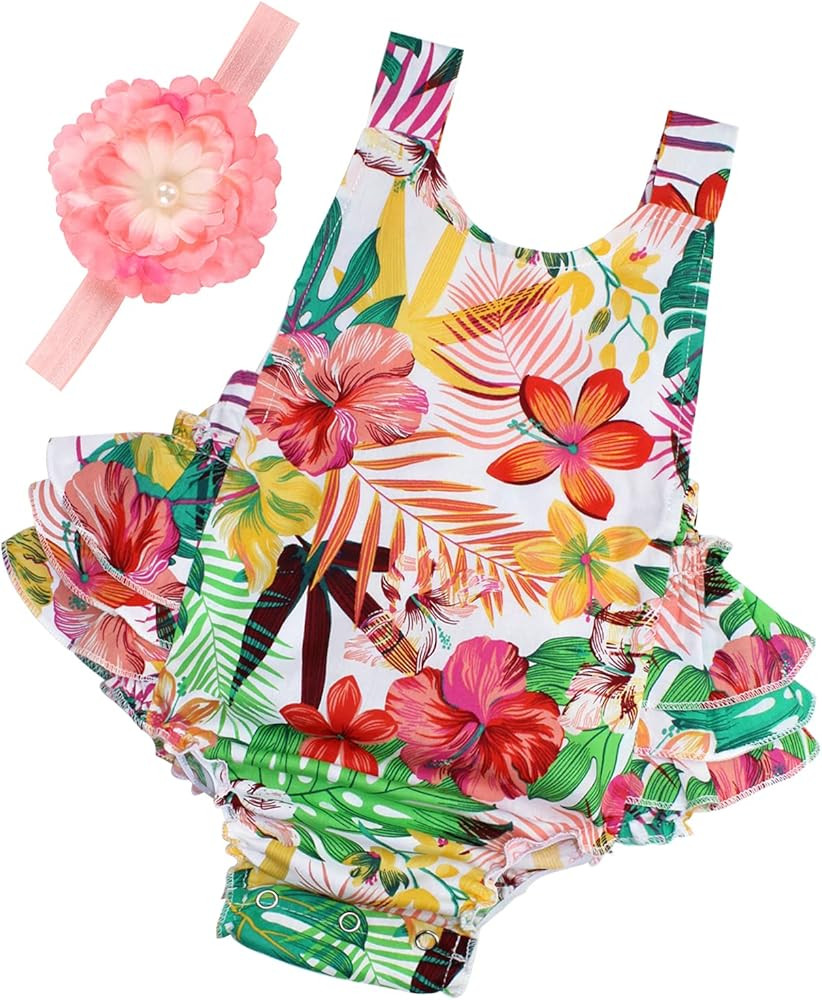 Baby Girl's Floral Print Ruffles Romper Summer Clothes | Amazon (US)