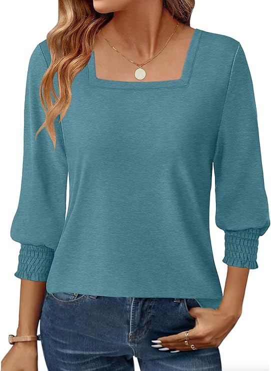 Womens 3/4 Sleeve Shirts Square Neck Dressy Casual Blouses Spring Summer Smocked Cuffs Tops | Amazon (US)