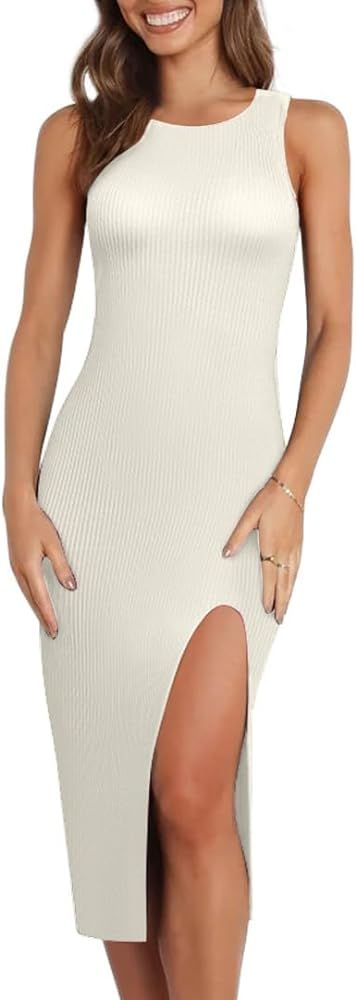 Women's Sexy Ribbed Knit Tank Going Out Dress with Slit Sleeveless Midi Summer Bodycon Dresses | Amazon (US)