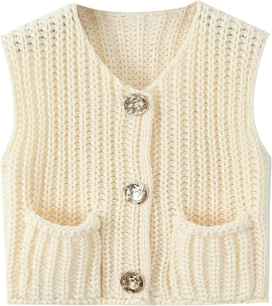 Womens Knit Vest Tops Sleeveless Cropped Chunky Sweater Vests Botton Down Lightweight Cardigan wi... | Amazon (US)