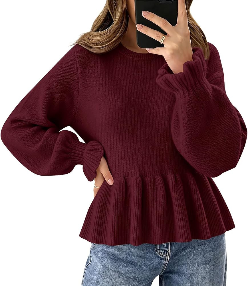 Saodimallsu Womens Fall Cropped Sweaters Peplum Knit Babydoll Ruffle Tops | Amazon (US)