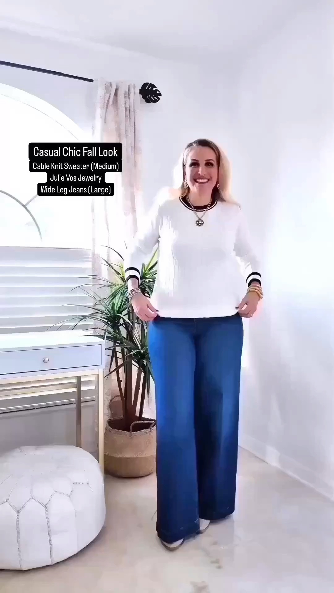 Here’s a casual chic fall look. My sweater is so soft and it’s on sale today! Total deal! Wearing a medium and fits true to size. 

Definitely want to buy it in another color. Several colors available and sizes available small-XXL.

Pair it with these wide leg jeans and Julie Vos jewelry!

Crew neck sweater (medium) 
Spanx Pull on jeans (large)
Julie Vos Jewelry

#LTKSeasonal #LTKOver40 #LTKSaleAlert #LTKTravel #LTKgrwm #LTKootd #LTKMidsize #LTKvlog #LTKU #LTKWorkwear