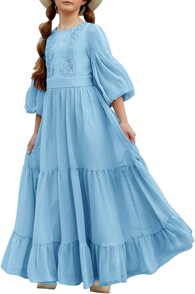 Girls Boho Dresses 3/4 Sleeve V-Back Lace Flower Crew Neck Tiered Ruffle Swing Party Maxi Dress | Amazon (US)