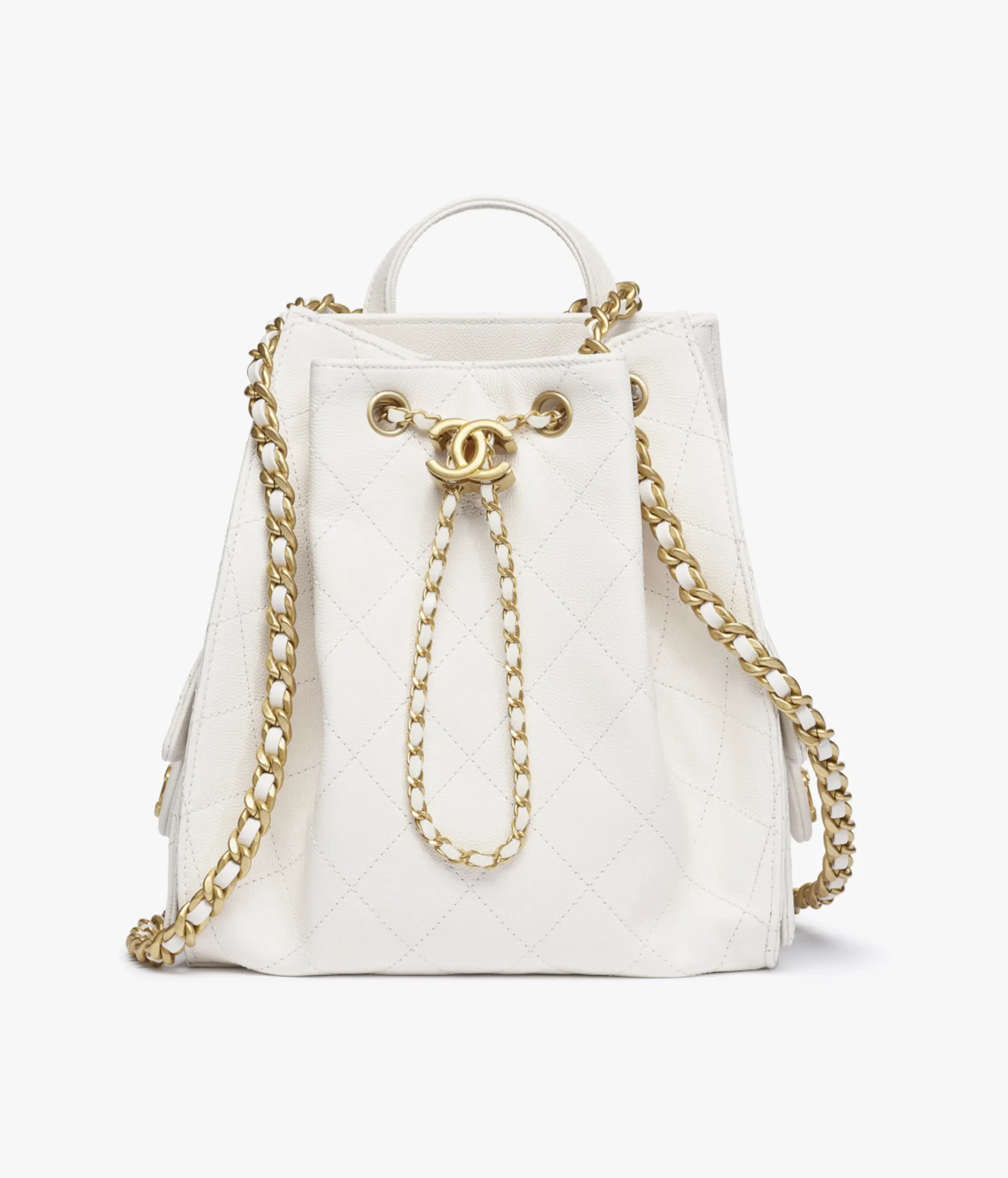 Chanel 25 medium backpack, Grained calfskin & gold-tone metal, white — Fashion | CHANEL | Chanel, Inc. (US)