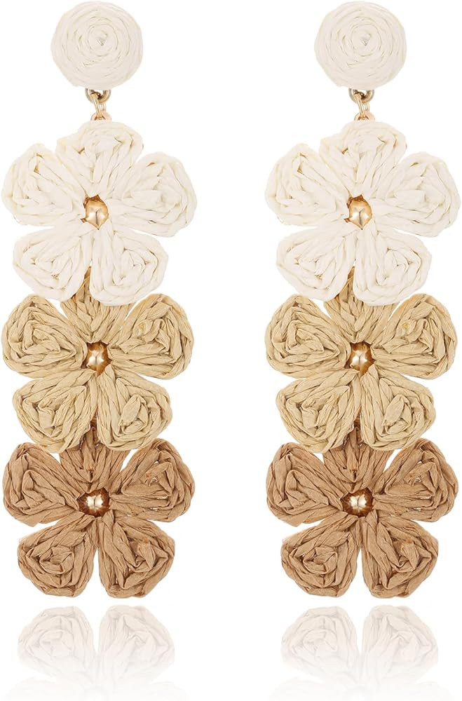 Raffia Flower Earrings, Raffia Straw Wrapped Flower Drop Dangle Earrings Summer Tropical Beach Je... | Amazon (US)