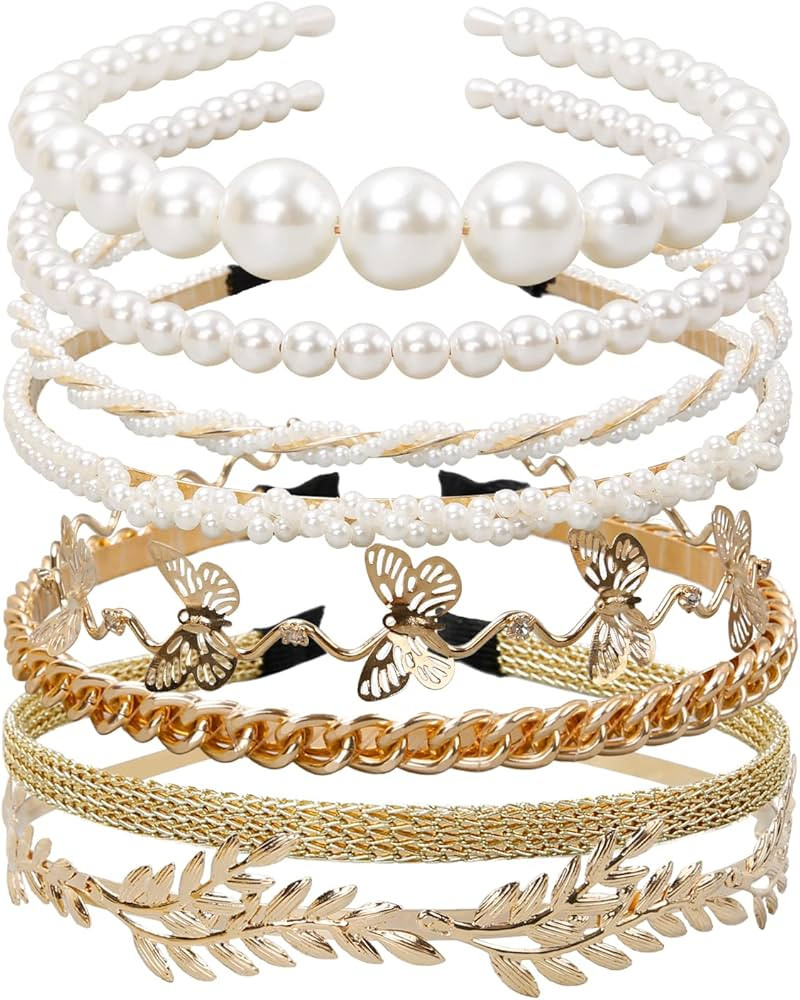 WOVOWOVO Pearl Headbands for Women 8 Pack, White Faux Pearls Hairband Gold Metal Headband Butterf... | Amazon (US)