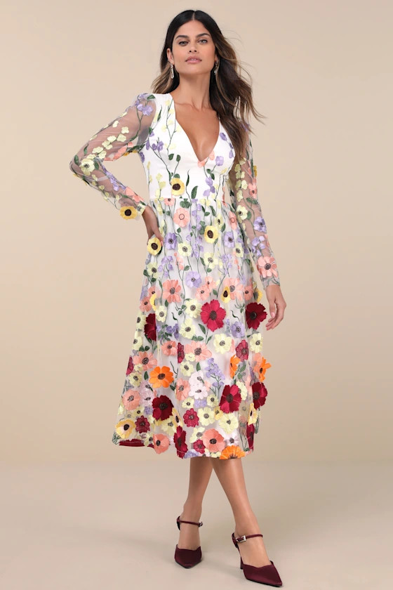 Impressive Blossom White 3D Floral Embroidered Midi Dress | Lulus