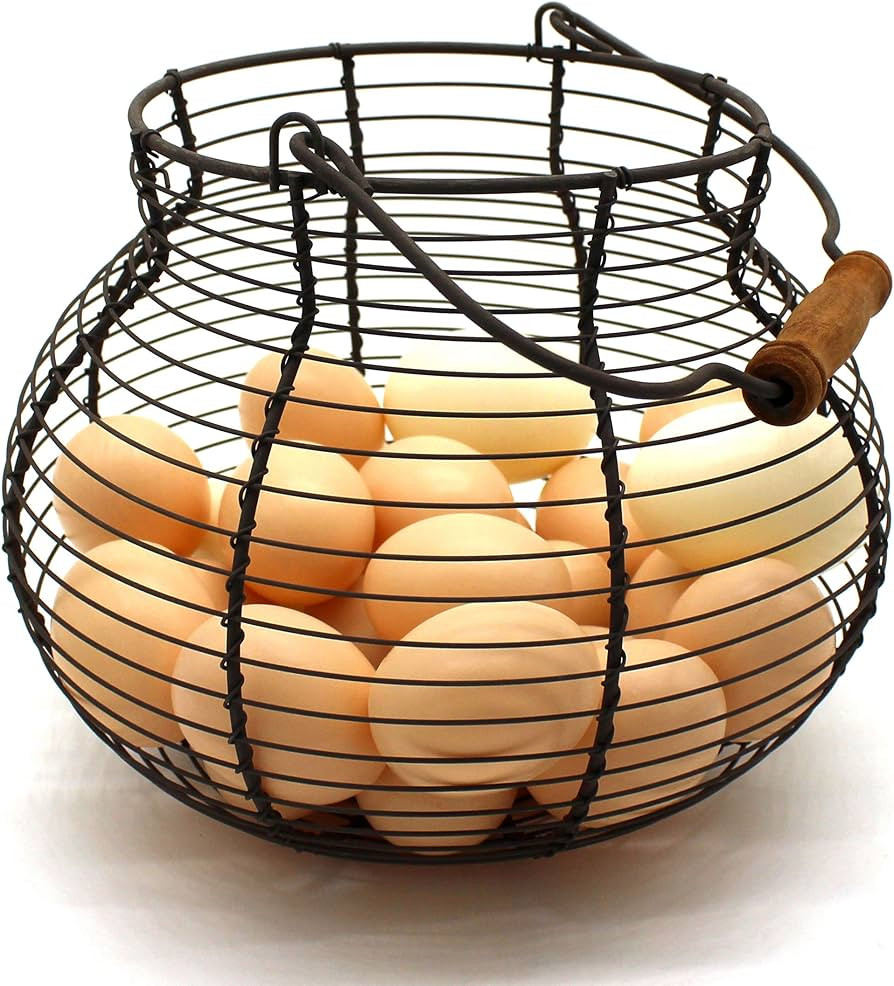 CVHOMEDECO. Antique Wire Egg Basket with Wood Handle Primitives Vintage Gathering Basket. Rusty | Amazon (US)