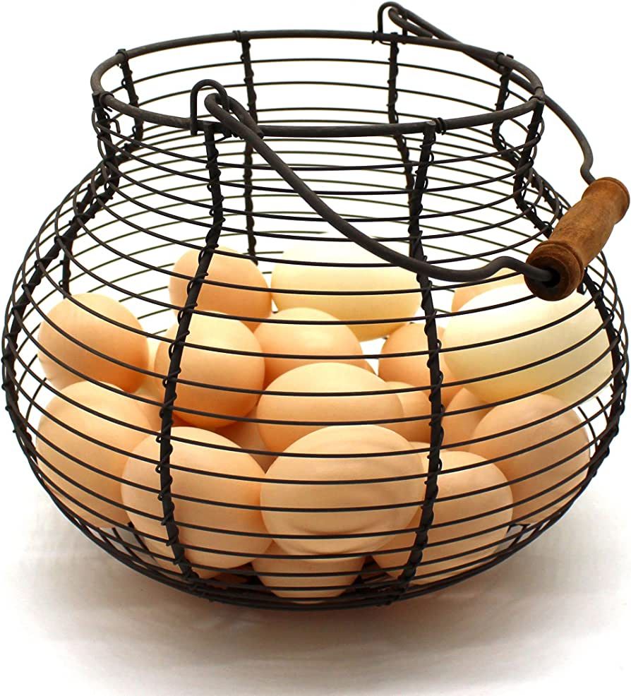 CVHOMEDECO. Antique Wire Egg Basket with Wood Handle Primitives Vintage Gathering Basket. Rusty | Amazon (US)