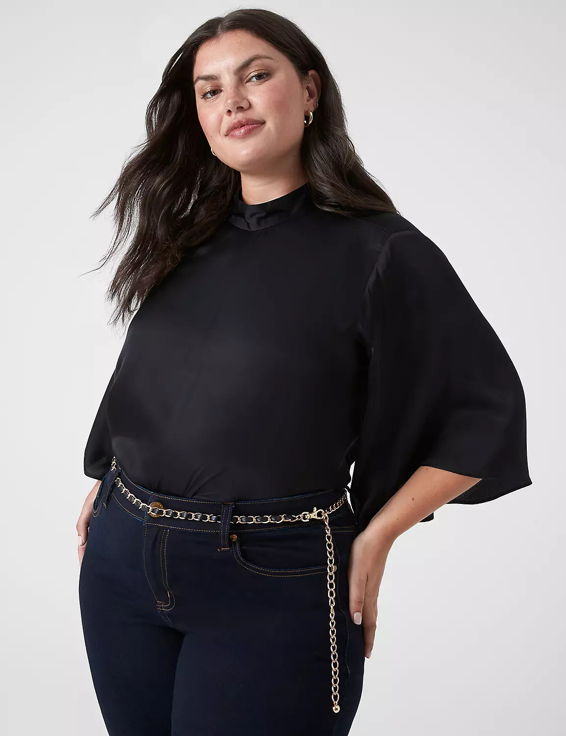 Faux-Leather Black & Goldtone Thin Chain Belt | LaneBryant | Lane Bryant (US)