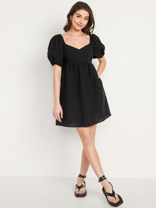 Fit & Flare Puff-Sleeve Seersucker All-Day Mini Dress | Old Navy (US)