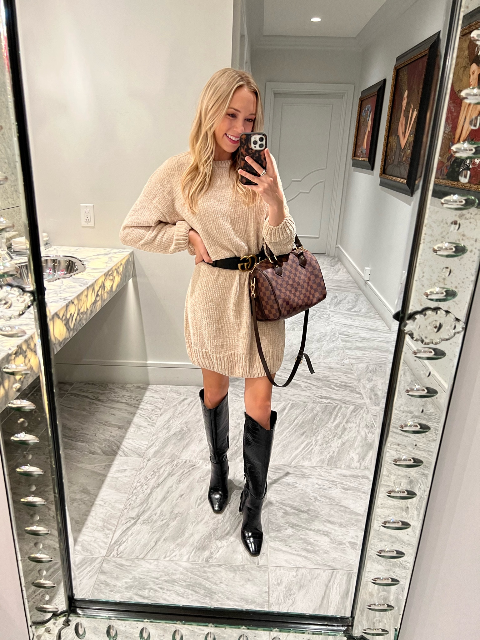 Cream sweater dress, black knee high boots, black Gucci belt, fall outfit, brunch outfit, designer inspired bag, date night outfit 

#LTKworkwear #LTKSeasonal #LTKunder100