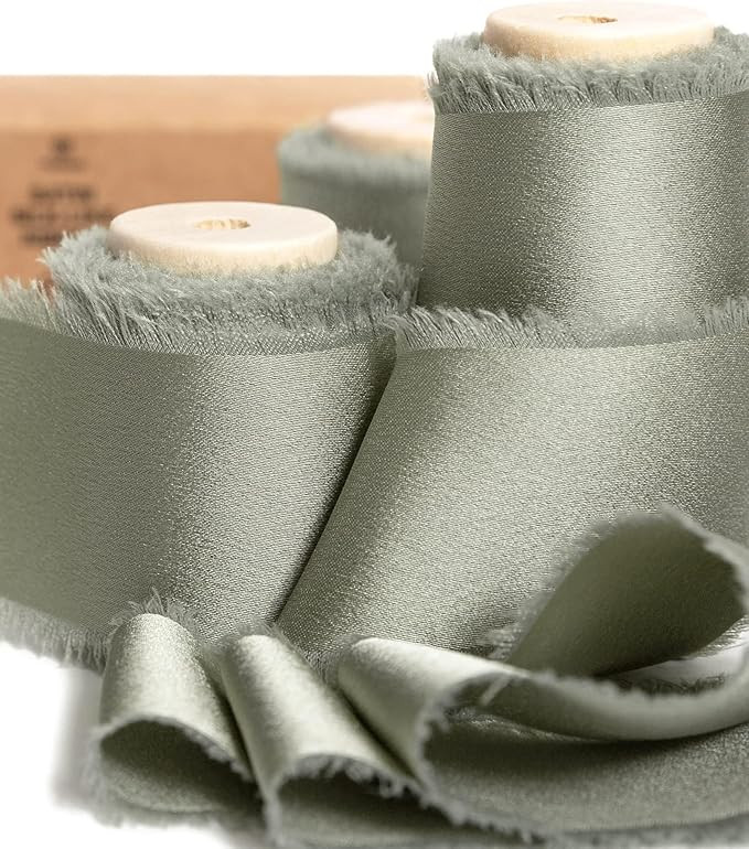 Vitalizart Dusty Sage Green Silk Satin Ribbon 1.5 Inch x 15 Yard Handmade Frayed Chiffon Ribbon w... | Amazon (US)