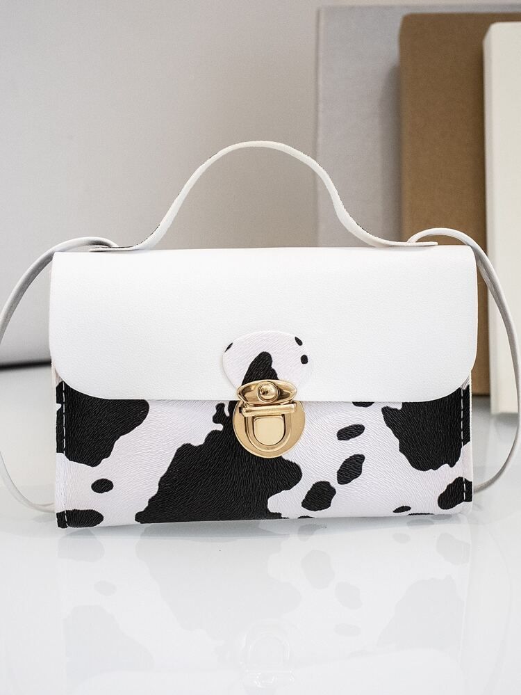Snap Button Detail Cow Print Flap Square Bag | SHEIN