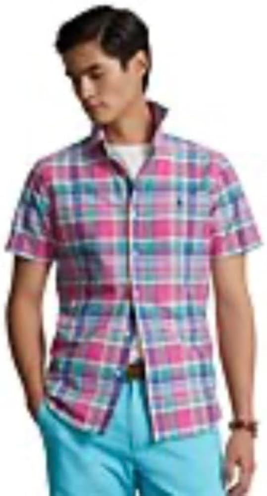 POLO RALPH LAUREN Mens Classic Short Sleeve Oxford Button Down Shirt Medium Pink Plaid | Amazon (US)