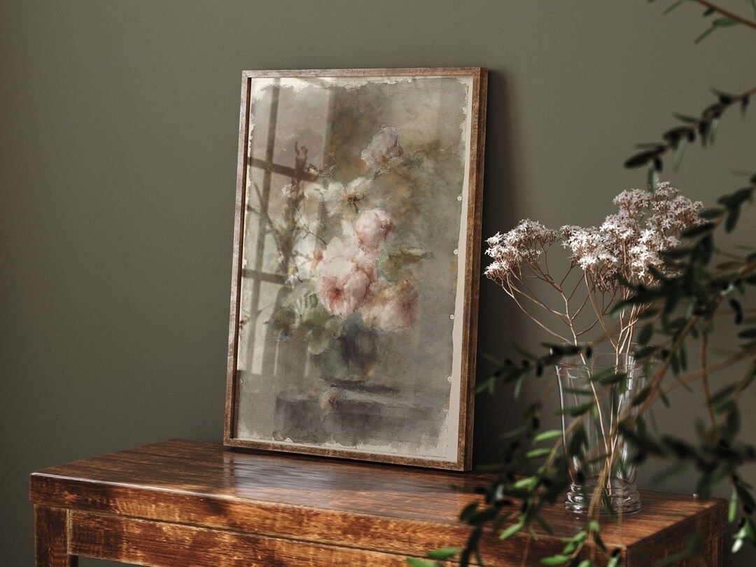 Rose Still Life Painting Romantic Vintage Flower Print Pastel Tone Print Rustic Farmhouse Decor P... | Etsy (US)