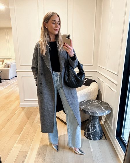 Grey coat (small) light wash jeans, silver heels, winter outfit 

#LTKstyletip #LTKover40