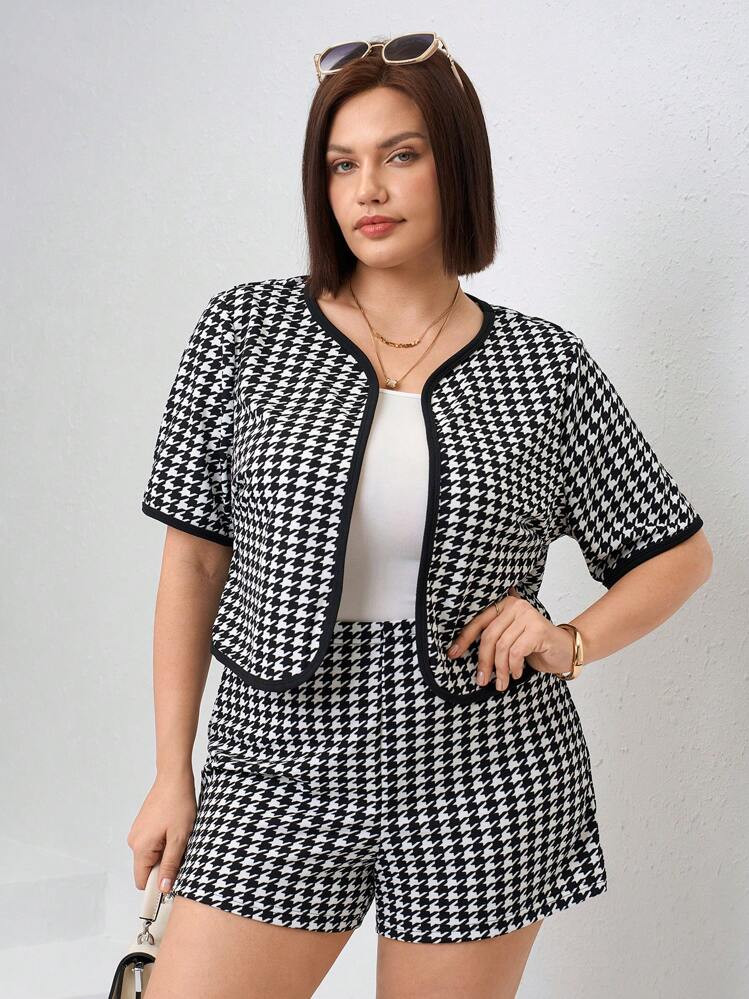 Chikora Plus Size Women'S Plaid Print Open Front Shirt And Shorts Set,Office Outfits For Women | SHEIN