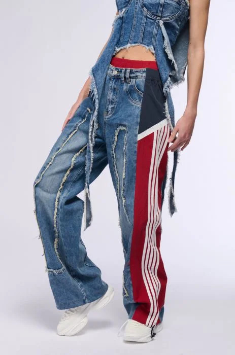 ALL AROUND THE WORLD PATCHWORK DENIM JOGGER PANT IN RED MULTI | AKIRA