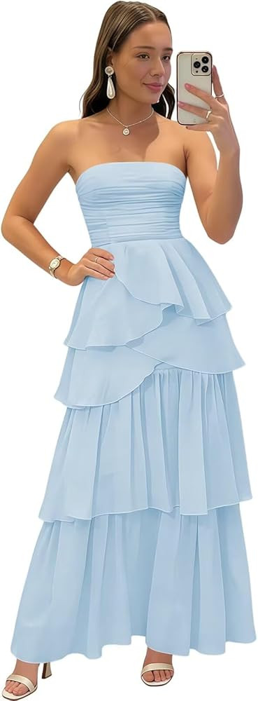 Tiered Prom Dresses Long Chiffon Ruffle Bridesmaid Dress Strapless Pleated Ball Gown | Amazon (US)