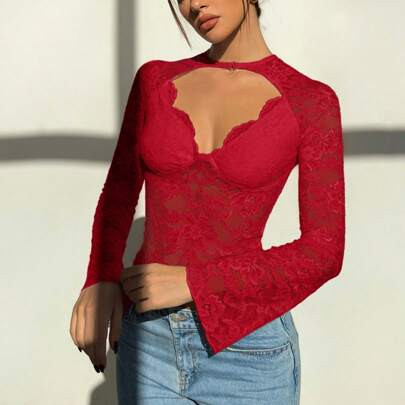 Red Lace Music Festival Deep V Neck Sheer Sexy Long Sleeve Blouse For Women | SHEIN