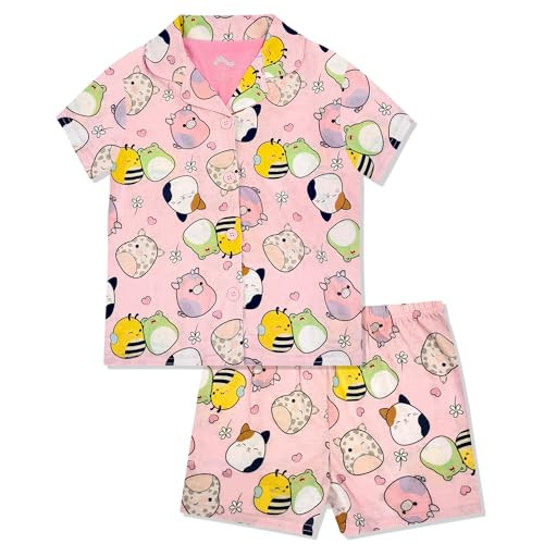 Squishmallows Girls Pajama Set - 2 Piece Cozy Girls Pjs with Button Down Short Sleeve & Shorts For Kids - Official Product Light Pink | Amazon (US)