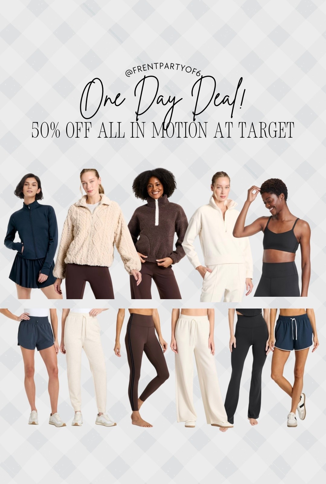 One day deal at Target! Save 50% off all in motion activewear. 

#LTKFindsUnder50 #LTKSaleAlert #LTKActive