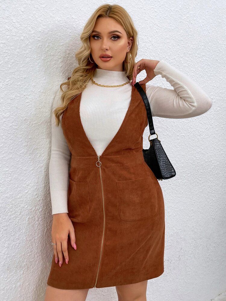 Plus Double Pocket Corduroy Pinafore Dress Without Sweater | SHEIN