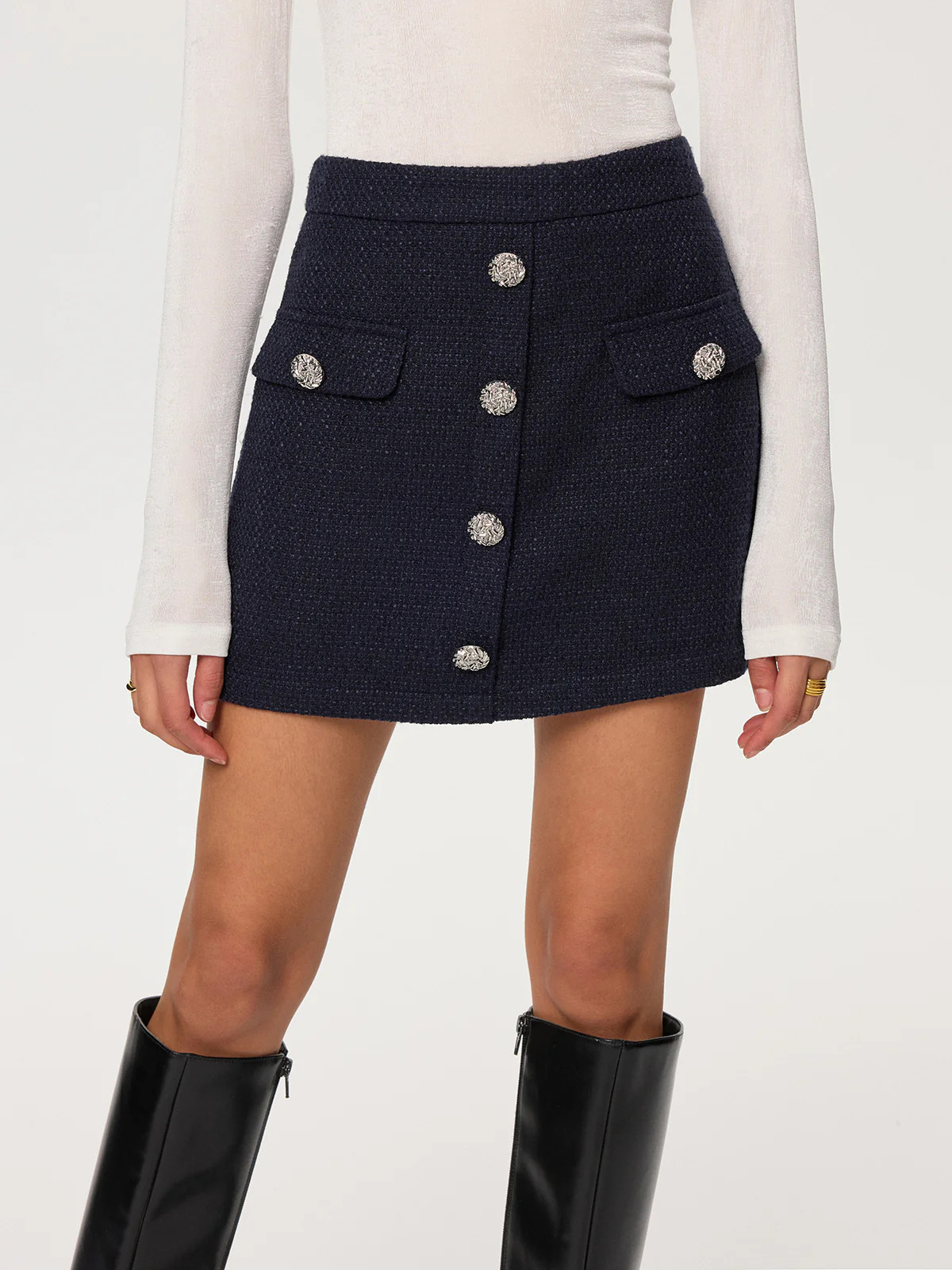 Metal Button Tweed Mini Skirt | Commense
