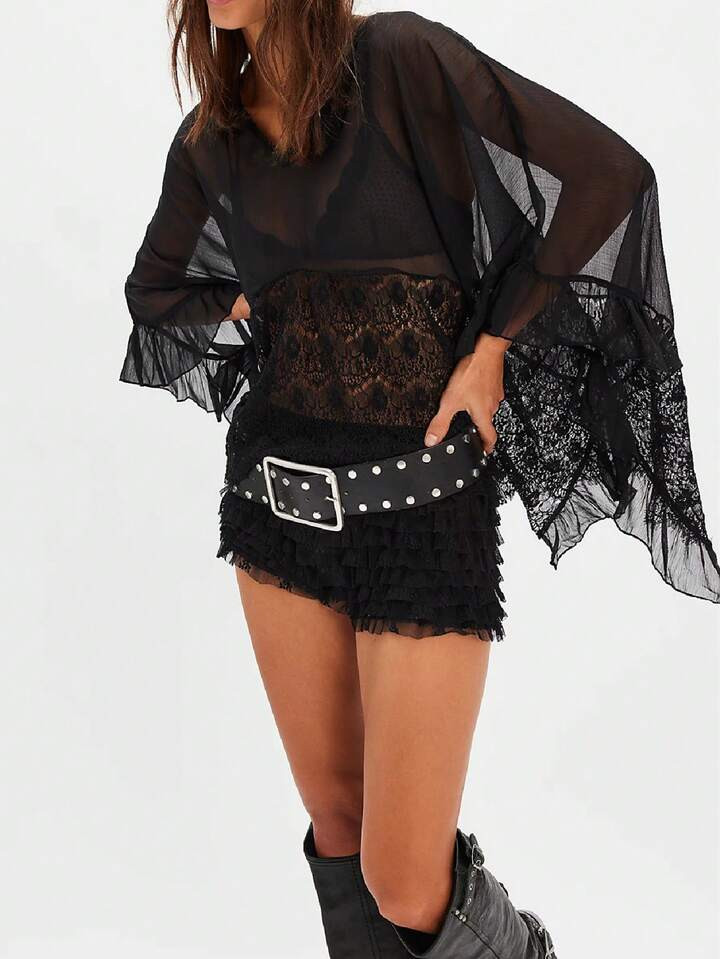 Womens Flowy Bow Front Tie Top Long Sleeve Peplum Lace Trim Chiffon Shirt Sheer V Neck Boho Ruffle Beach Peasant Blouse Tops | SHEIN