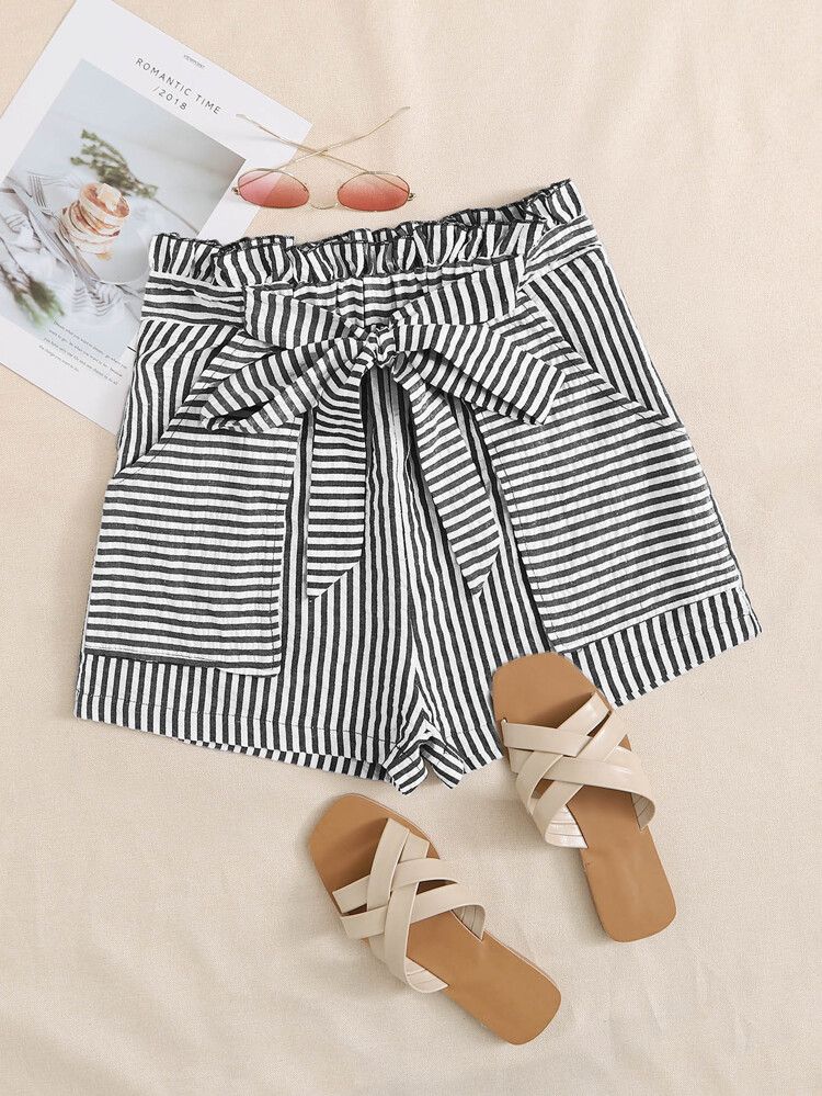 Paperbag Waist Belted Striped Shorts | SHEIN