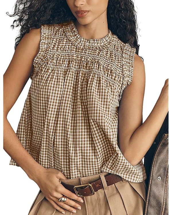OPCAKM Casual Tops for Women Plaid Babydoll Peplum T Shirts | Sleeveless Flowy Tank,Gingham Cotto... | Amazon (US)