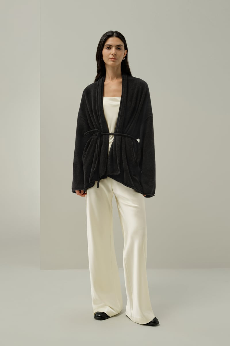 LILYSILK Women's Lightweight Mongolian Cashmere Kimono Wrap Cardigan Black L | LILYSILK