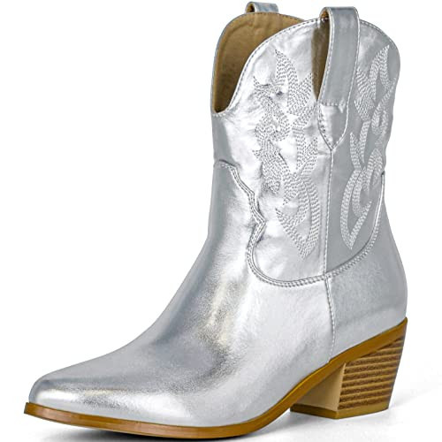 STALOV Metallic Cowboy Ankle Boots for Women, Embroidery Short Cowgirl Boots With Chunky Heel Pointed Toe Silver Western Booties | Amazon (US)