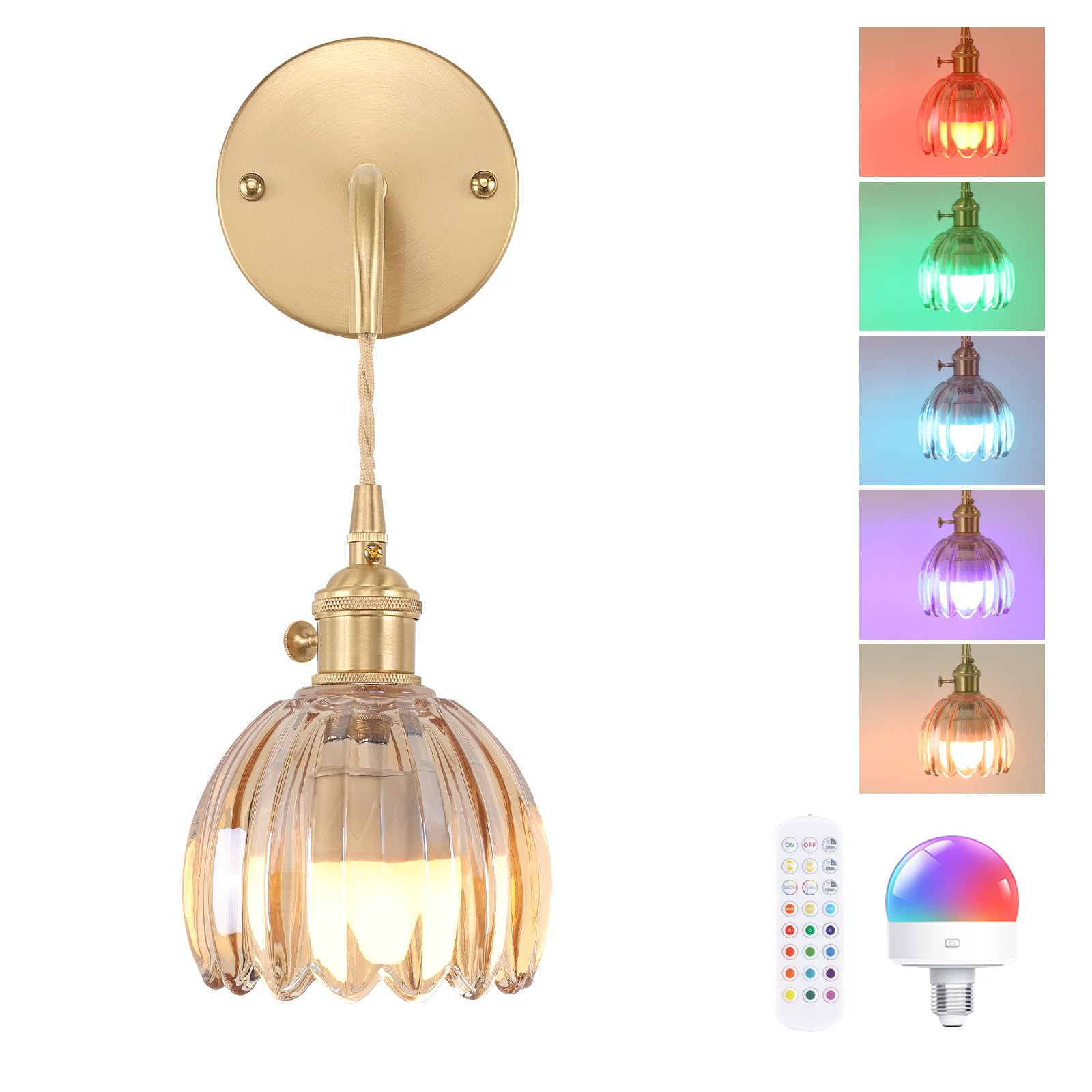 Battery Operated Wall Sconce with Green Tulip Shade Pattern Glass Adjustable Chain Retro Gold Wal... | Amazon (US)