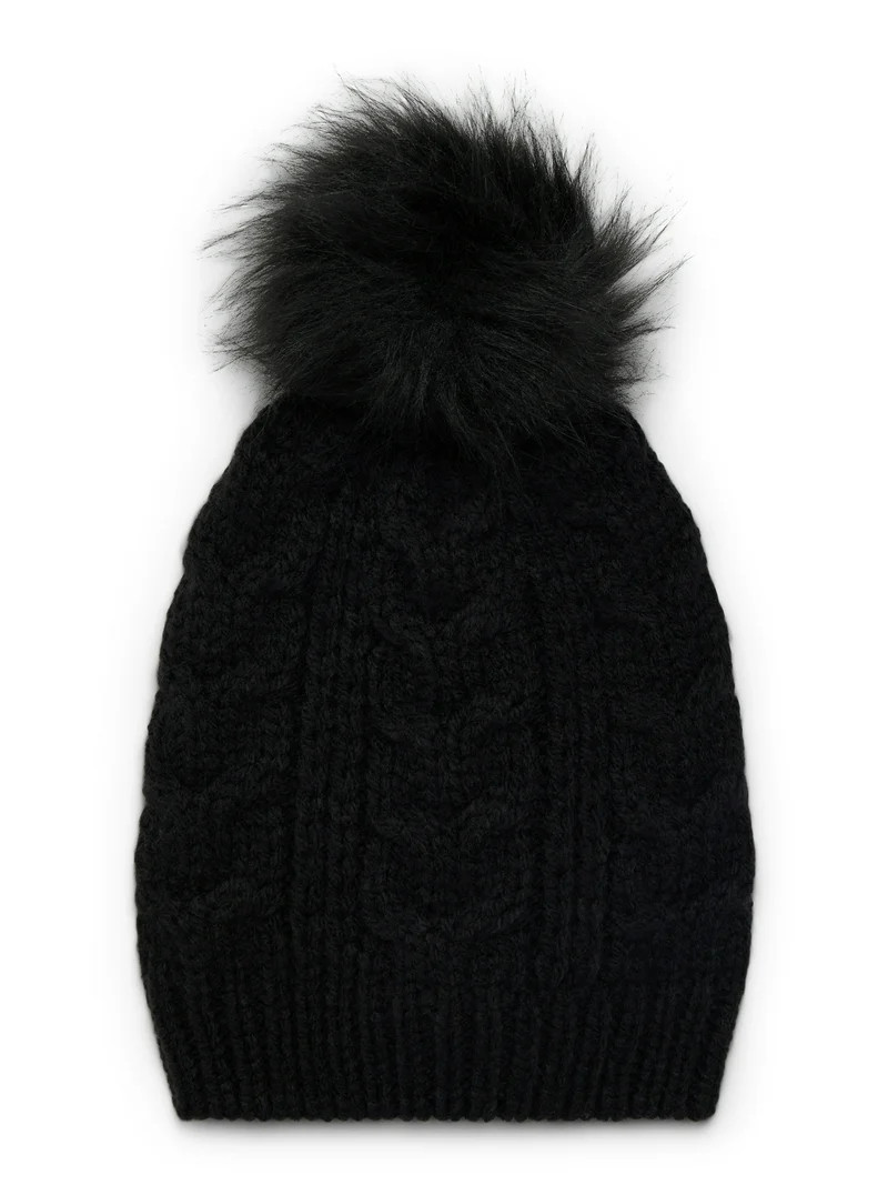 Time and Tru Women's Cable Pom Beanie, One Size Fits Most, Black Soot | Walmart (US)