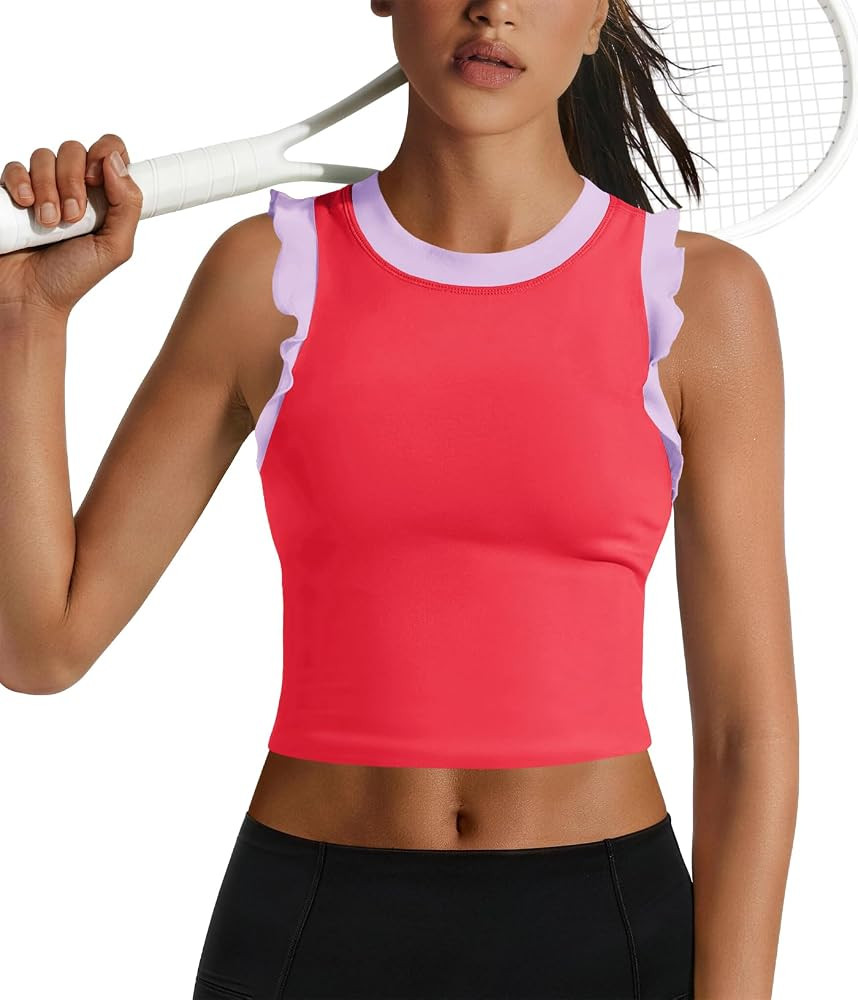 Yanekop Womens Longline Sports Bras Ruffle Padded Cropped Workout Tank Tops | Amazon (US)
