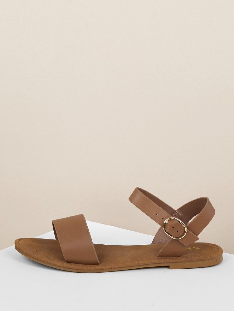 Sling Back Ankle Strap Single Band Flat Sandal TAN | SHEIN