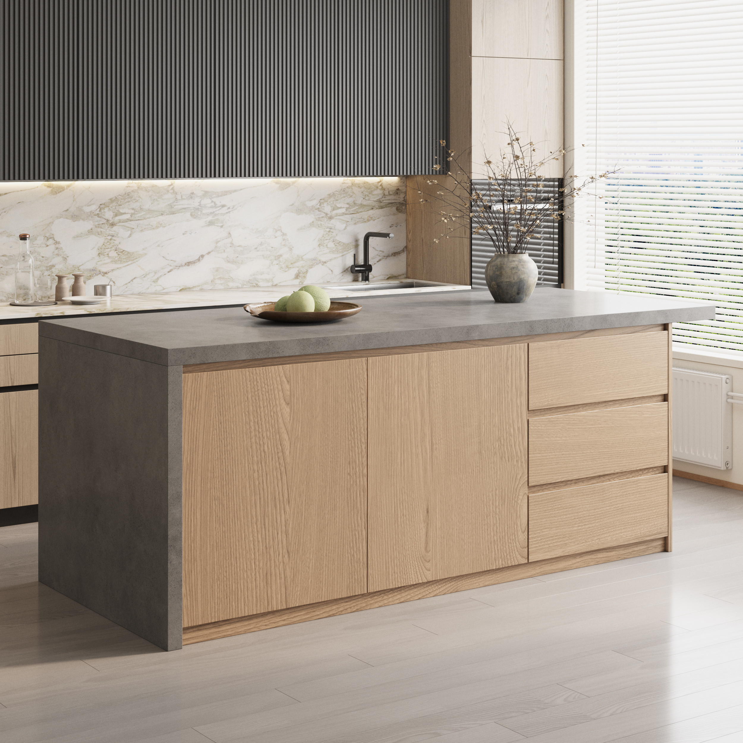 72" Kitchen Island Faux Marble Top with Storage & Electrical  Japandi Style | Homary