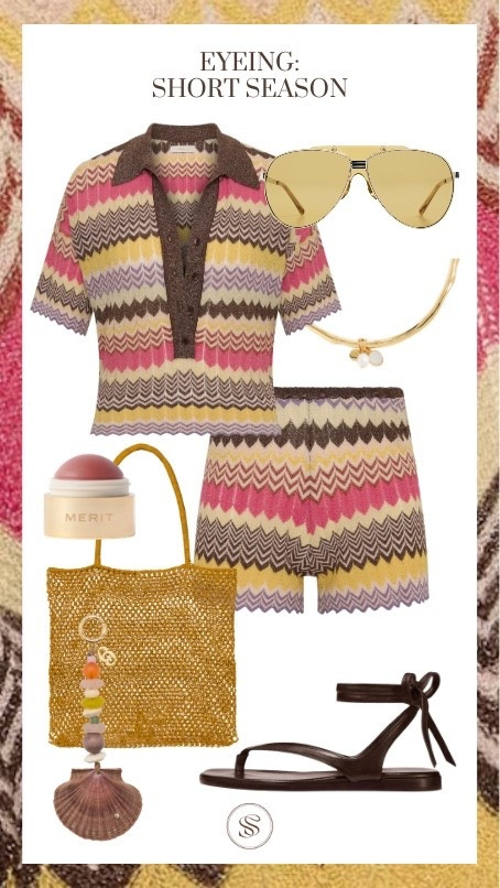 Summer shorts 
Wrap sandals 
Woven bag
Blush