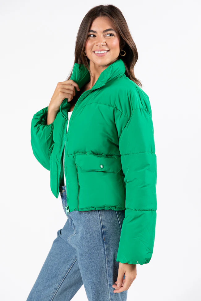 I Heard The Bells Green Front Pocket Puffer Jacket | Pink Lily