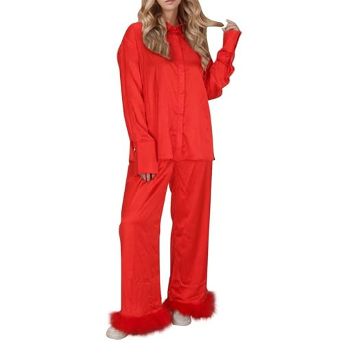 Silk Feather Trim Pajamas 2 Piece Pajama Set Galentines Day Outfit Satin Long Sleeve Shirt Pants Home Clothes(Red,XX-Large) | Amazon (US)