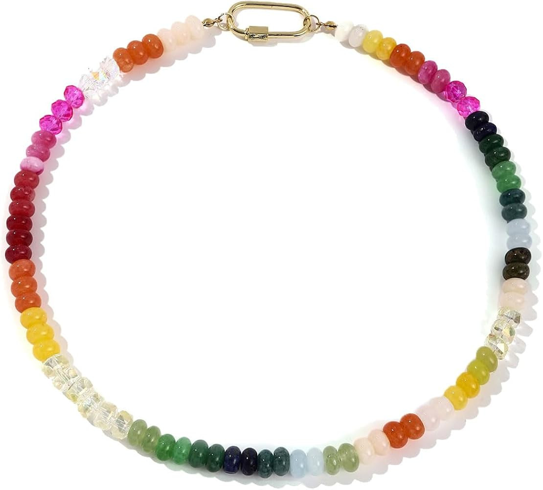 Colorful Beaded Necklace Rainbow Stone Beaded Necklace Natural Stone Beaded Necklace Boho Beads C... | Amazon (US)