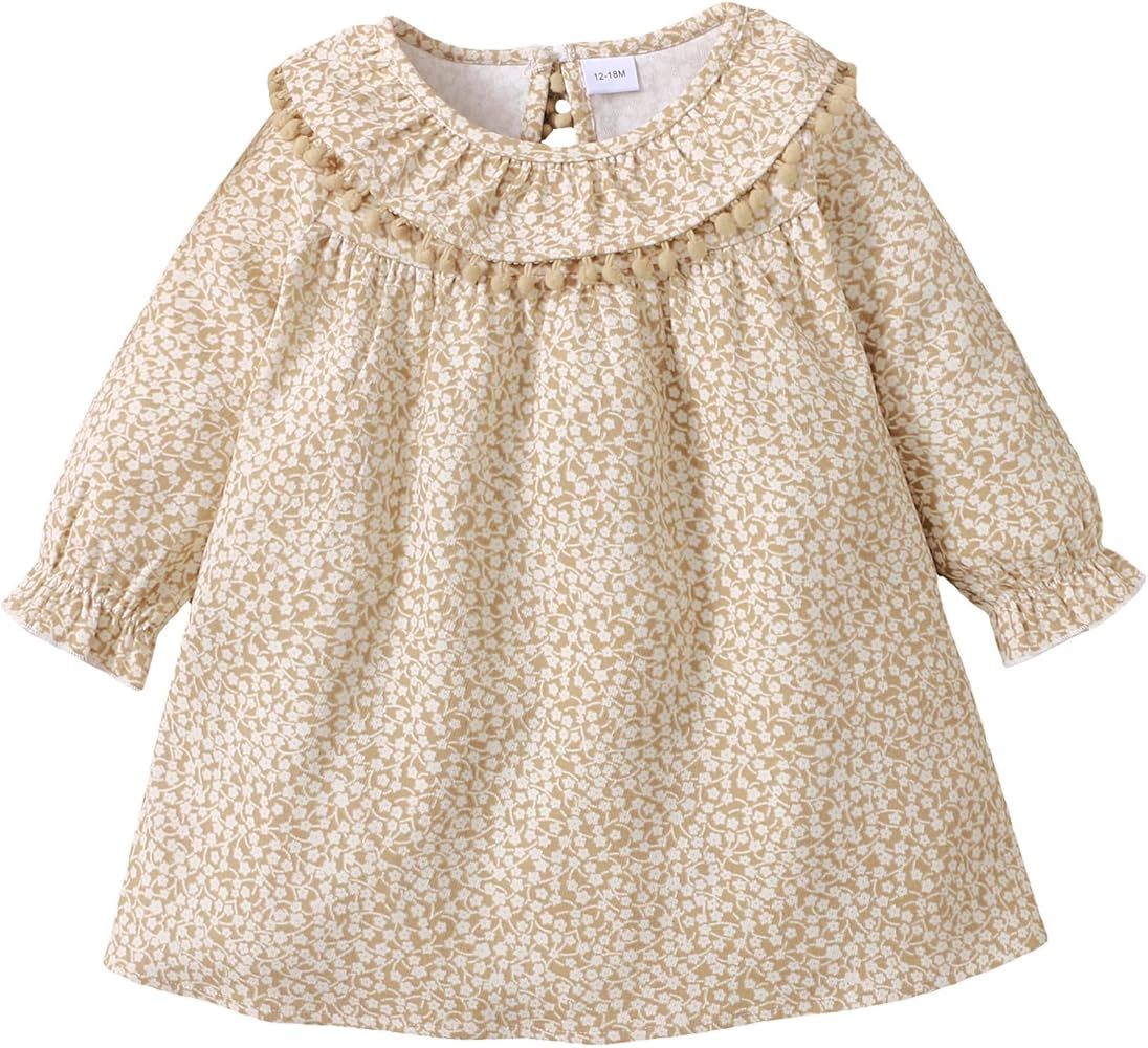 OPAWO Toddler Baby Girl Long Sleeve Dress Flutter Ruffle Pom Pom Neck Corduroy Fall Winter Dresses f | Amazon (US)