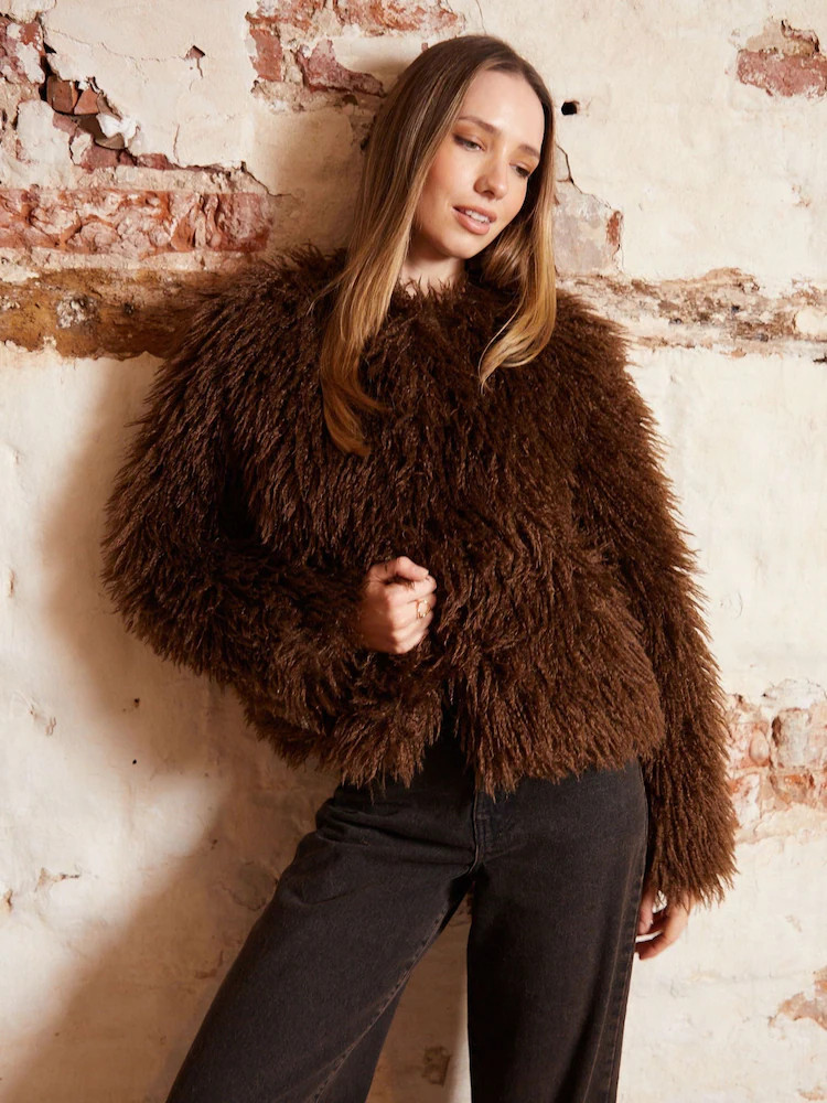 Threadbare Chocolate Brown Faux Fur Coat | Next US