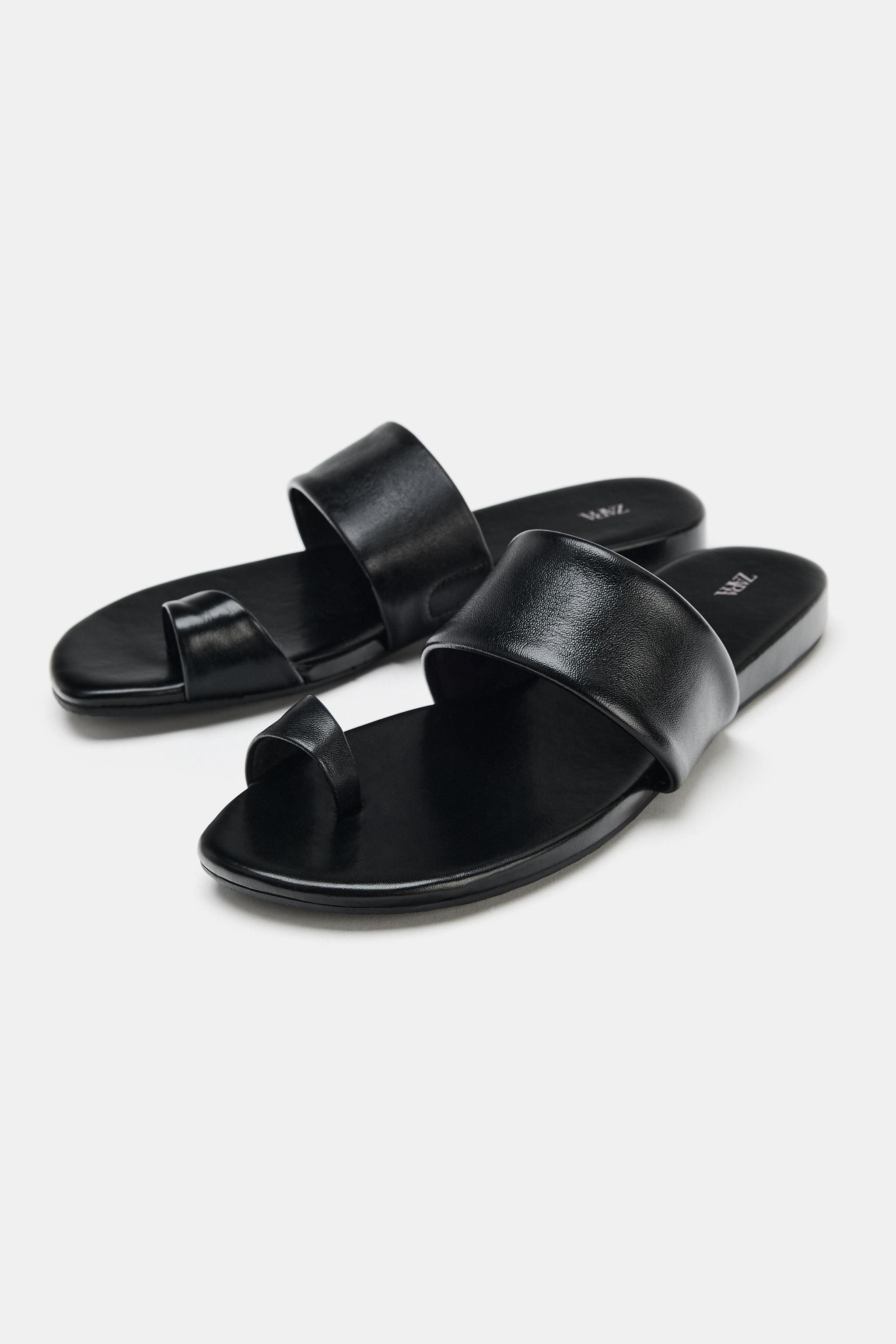 LEATHER TOE-LOOP FLAT SANDALS | Zara US