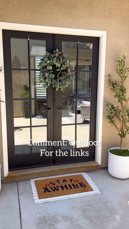 Comment: Outdoor for links 
Did a little outdoor entry refresh. I’ve been trying to find a cute outdoor mat for months! I’m so glad I found this set! I just love it. And these olive trees are such a good deal!! 

#LTKSeasonal #LTKhome #LTKsalealert