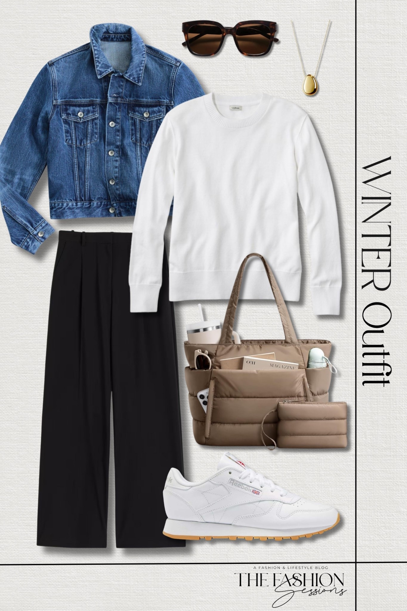 Casual winter outfit inspo!
denim jacket | cashmere crewneck sweater | wide leg pants | leather Reeboks | puffer tote bag | Ana Luisa pebble gold pendant necklace | oversized sunglasses | fall outfit | winter outfit | shopping outfit | teacher outfit | casual outfit

#LTKSeasonal #LTKFindsUnder50
